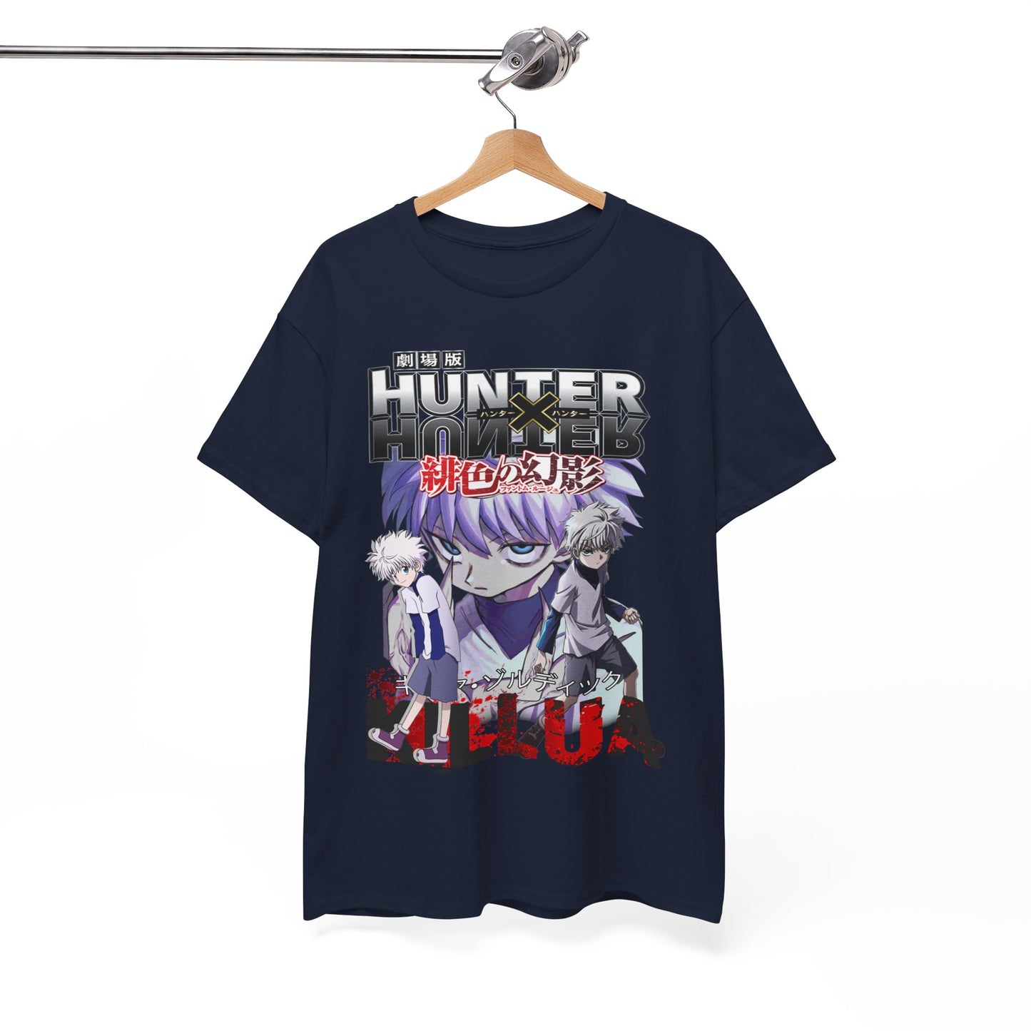 Navy blue Hunter x Hunter t-shirt elegantly displayed on a hanger, featuring a bold graphic of Killua and Gon, a statement piece for fashionable anime fans.