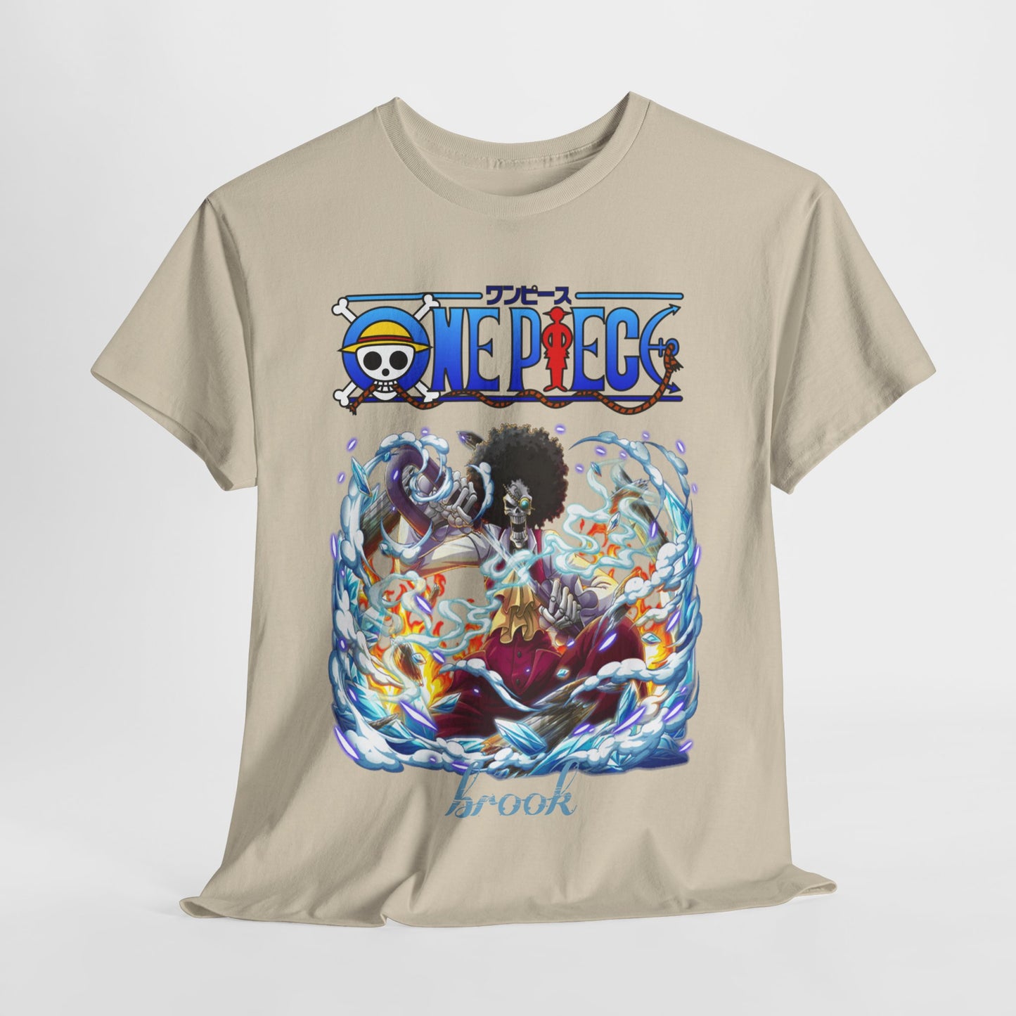Artistic front view of a beige t-shirt adorned with stunning representations from 'One Piece', embodying a unique fashion statement.