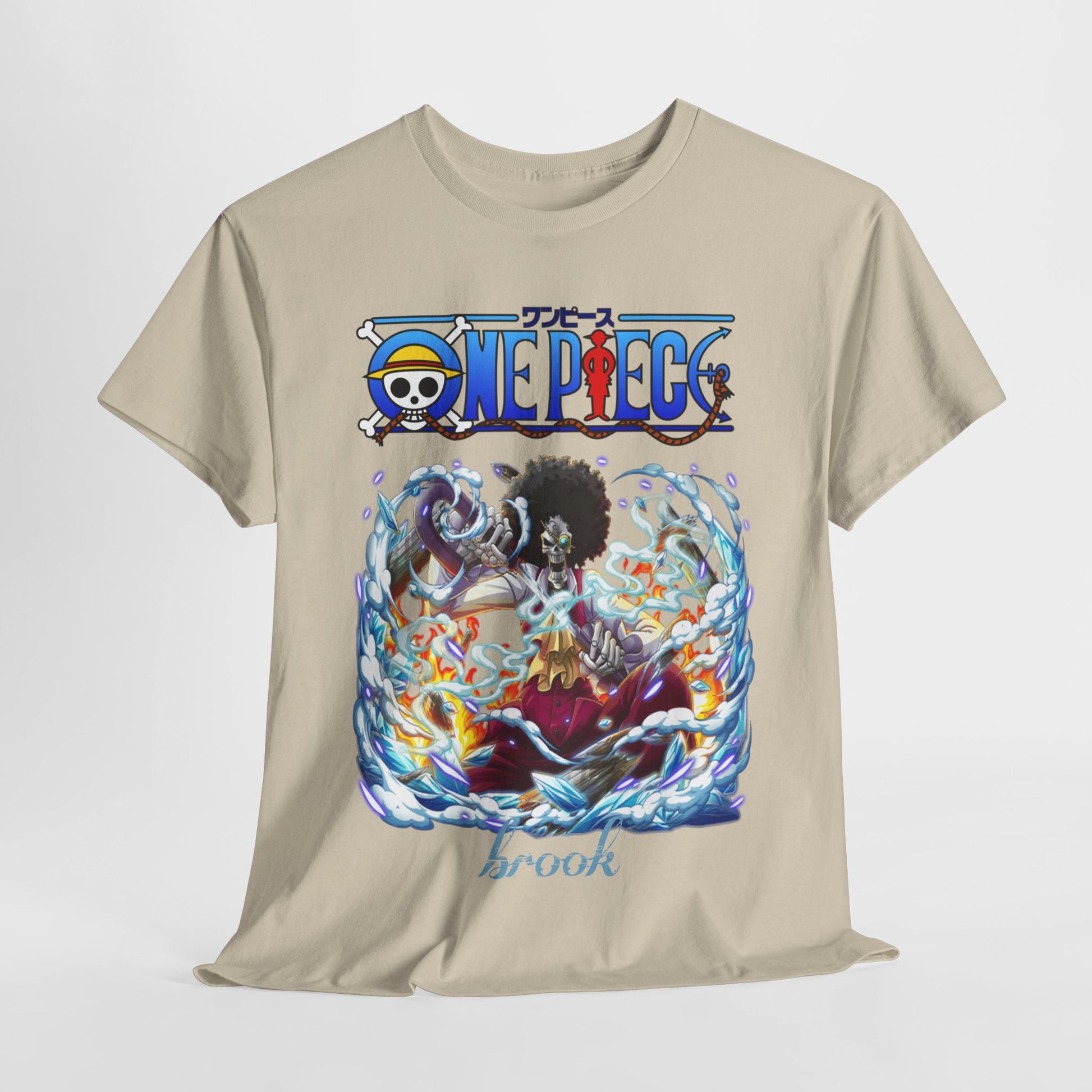 Artistic front view of a beige t-shirt adorned with stunning representations from 'One Piece', embodying a unique fashion statement.