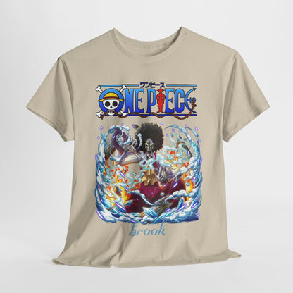 Artistic front view of a beige t-shirt adorned with stunning representations from 'One Piece', embodying a unique fashion statement.