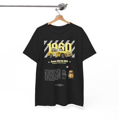 Aston Martin DB4 GT Zagato Men's T-Shirt hanging on a rack, displaying a fine design of the 1960 sports car in yellow against a black background, epitomising style and automotive sophistication.