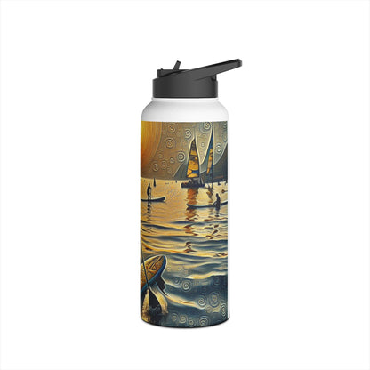 Fantasy Paddleboarding Stainless Steel Water Bottle with an artistic depiction of lakeside paddleboarding at sunset, combining elegance and functionality for hydration.
