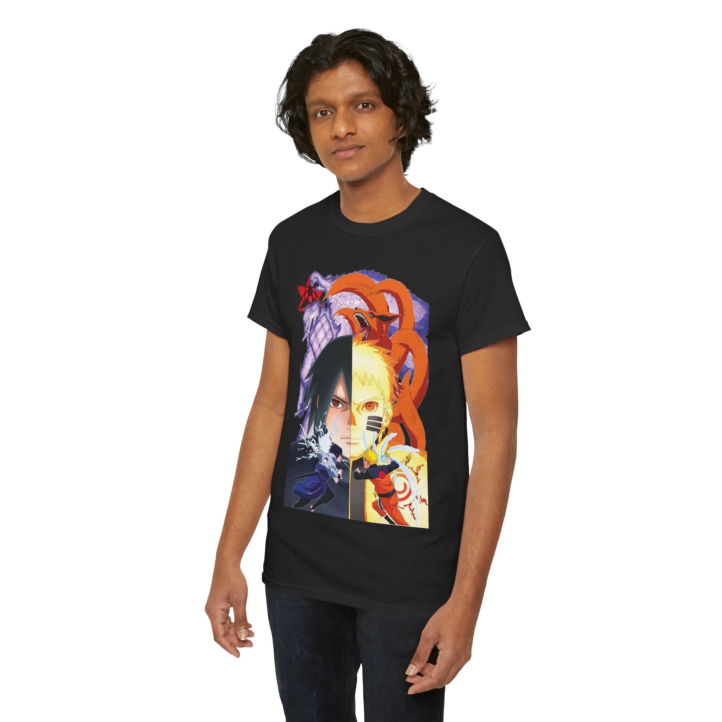 Stylish male model presenting the black T-shirt adorned with captivating Sasuke and Naruto graphics, ideal for bold anime fashion.