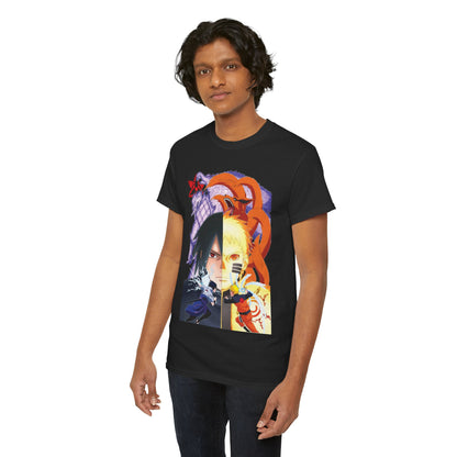 Stylish male model presenting the black T-shirt adorned with captivating Sasuke and Naruto graphics, ideal for bold anime fashion.
