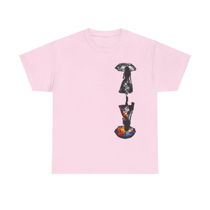 Sophisticated Duality Dreams Unisex T-Shirt in soft pink featuring an artistic floral design, showcasing two silhouettes of women—one in black and white with an umbrella, the other in vibrant multicolours.