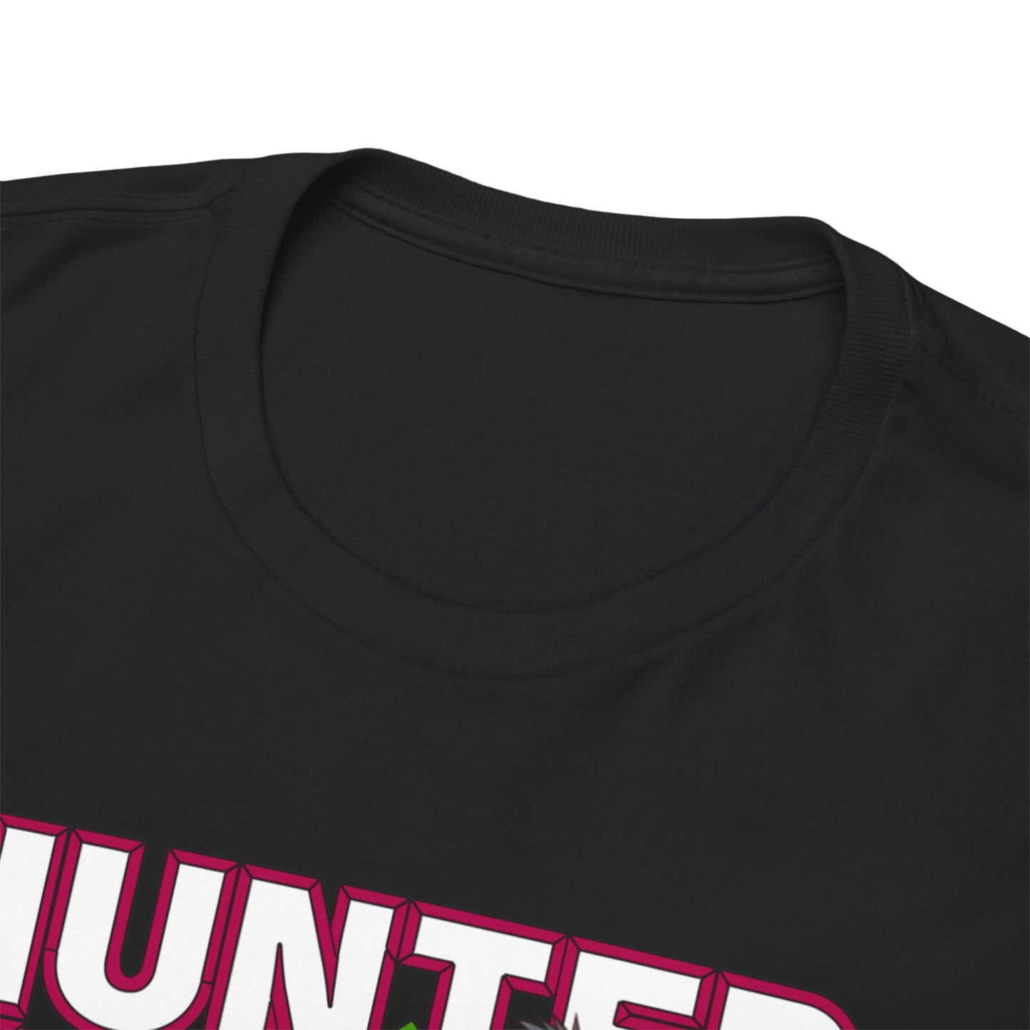 Close-up of the luxurious fabric and neckline of the Hunter x Hunter Elite T-shirt, featuring high-quality printing of iconic anime characters, designed for ultimate comfort and style.