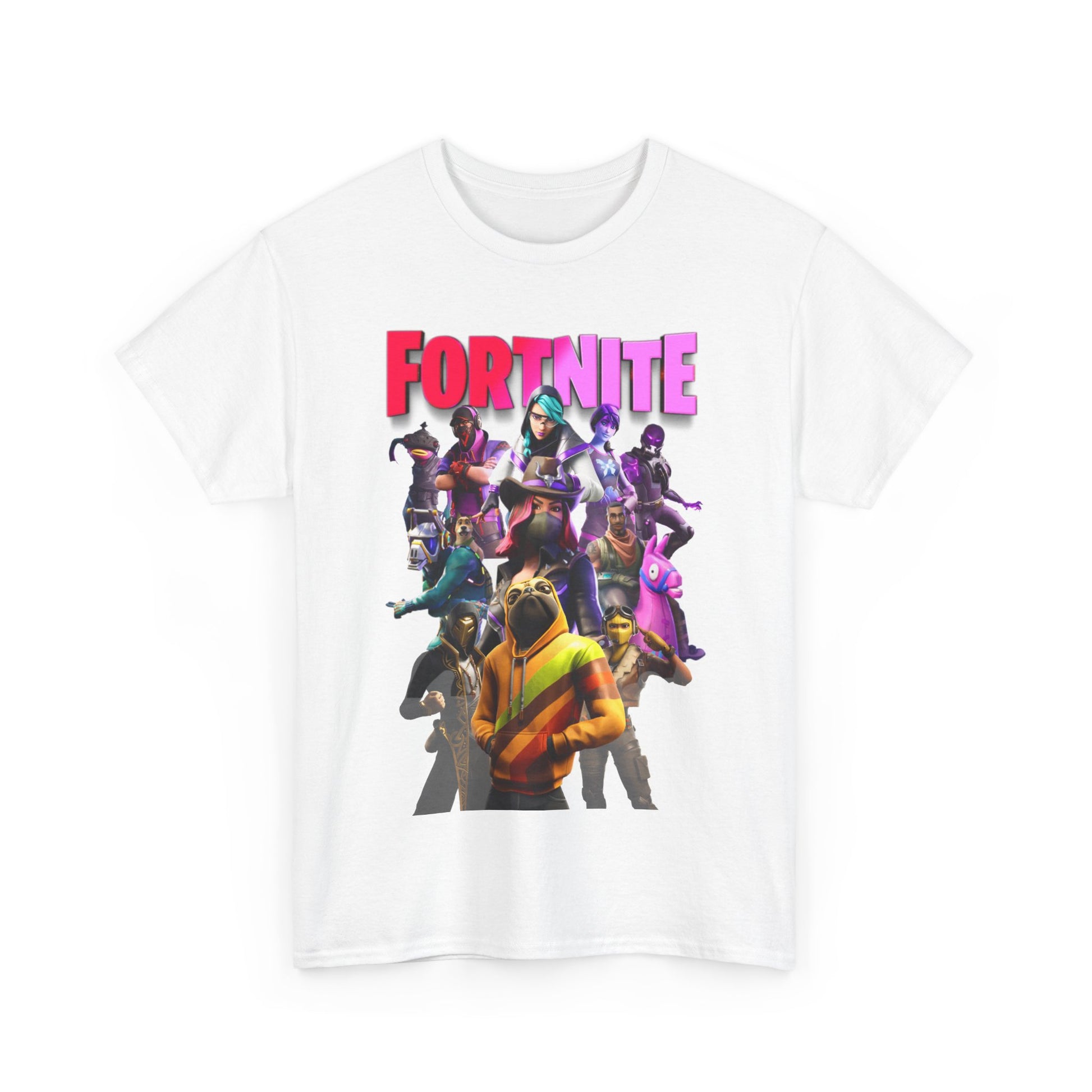 Refined white Fortnite T-shirt featuring a captivating design of iconic game characters, merging gaming heritage with contemporary fashion in a luxurious finish.