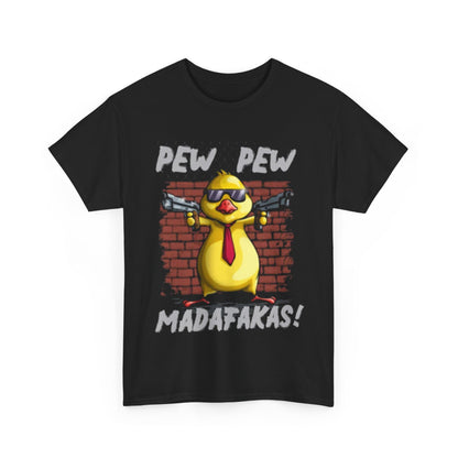 Luxury Funny Chicken T-Shirt featuring a cartoon gangster chicken with sunglasses and a red tie, set against a vintage brick wall with 'PEW PEW MADAFAKAS!' text, perfect for stylish casual wear.