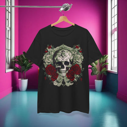 Skulls and Roses Cotton Tee displayed on a hanger in a vibrant interior, highlighting its distinctive skull and rose design in a luxurious setting.