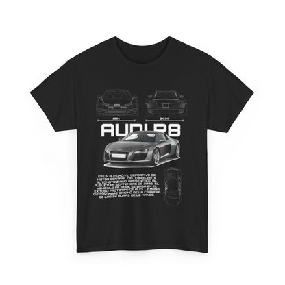 Elegant Audi R8 Blueprint T-Shirt in black, featuring a striking grey graphic design of the Audi R8 and its historical significance, tailored for style-savvy car lovers.