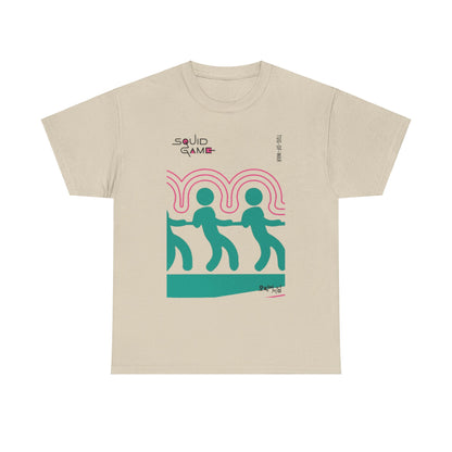 Opulent beige Squid Game graphic tee designed for unisex wear, showcasing a chic tug-of-war motif that embodies the spirit of adventure and rebellion in contemporary fashion.