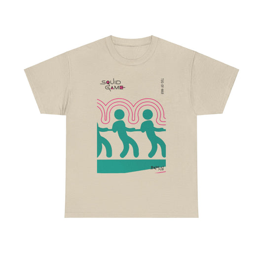 Opulent beige Squid Game graphic tee designed for unisex wear, showcasing a chic tug-of-war motif that embodies the spirit of adventure and rebellion in contemporary fashion.