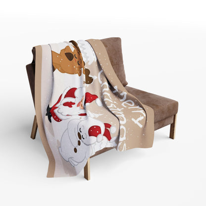 Decorative and Warm Christmas Arctic Fleece Blanket elegantly draped over a modern armchair, featuring delightful seasonal characters, perfect for festive warmth and style.