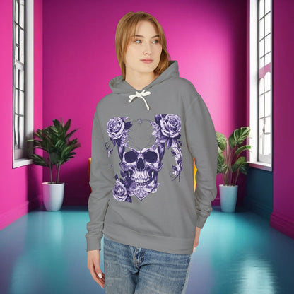 Front view of a Unisex Lightweight Hooded Sweatshirt with a unique designer skull and roses print, styled for elegance and boldness.