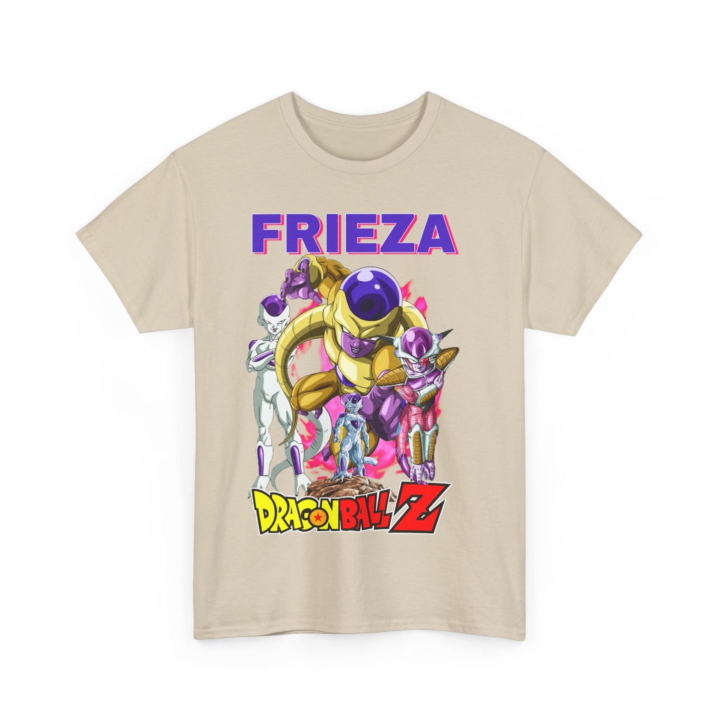 Stylish Frieza T-shirt in a sophisticated beige hue, adorned with vibrant graphics of the Dragon Ball Z character, embodying a blend of luxury and fandom.