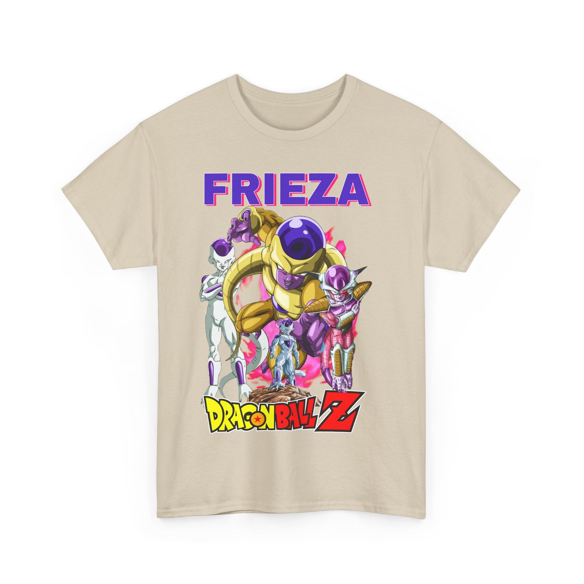Stylish Frieza T-shirt in a sophisticated beige hue, adorned with vibrant graphics of the Dragon Ball Z character, embodying a blend of luxury and fandom.