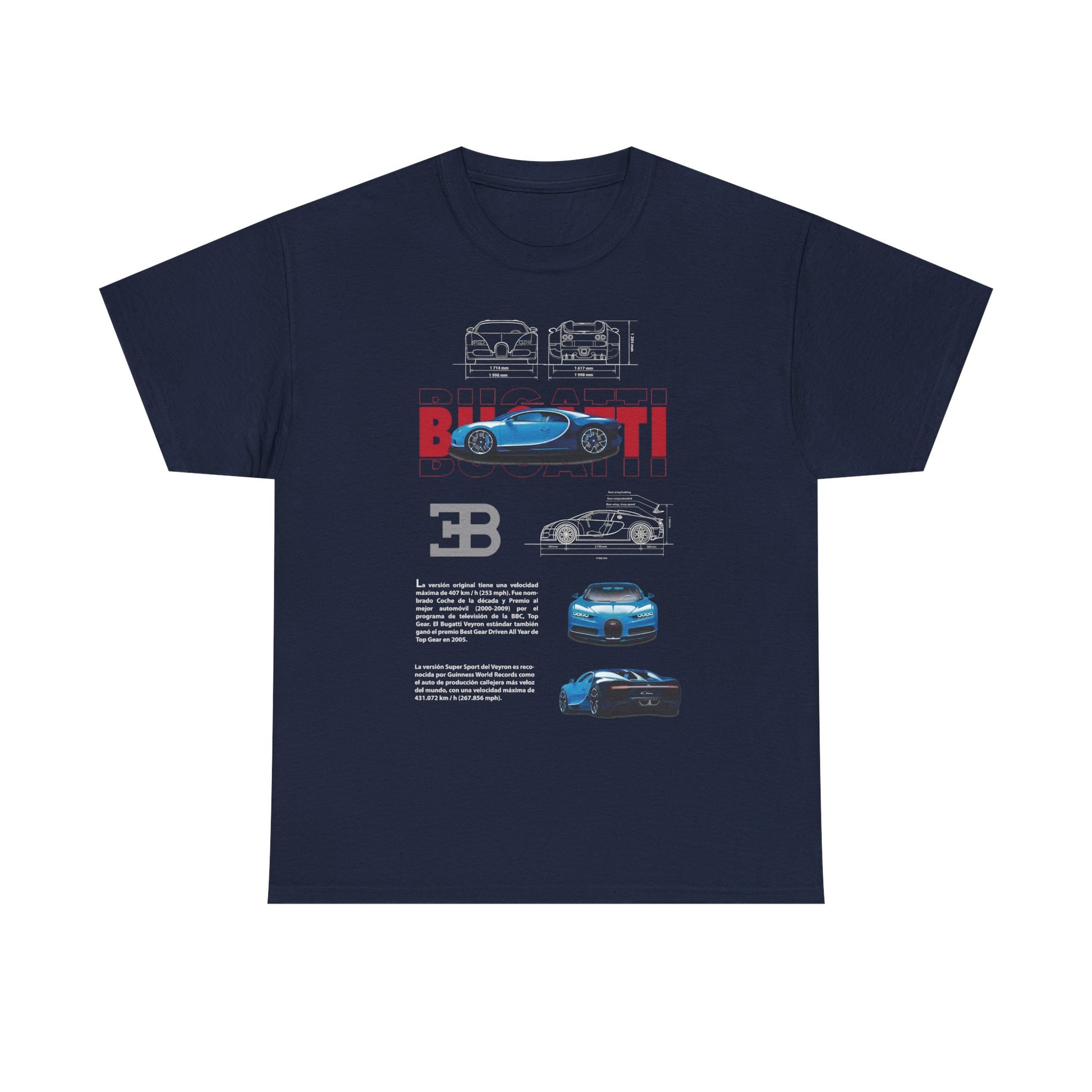 Premium navy blue Bugatti Chiron men's t-shirt showcasing vibrant graphics of the Bugatti supercar with technical specifications and the brand logo.