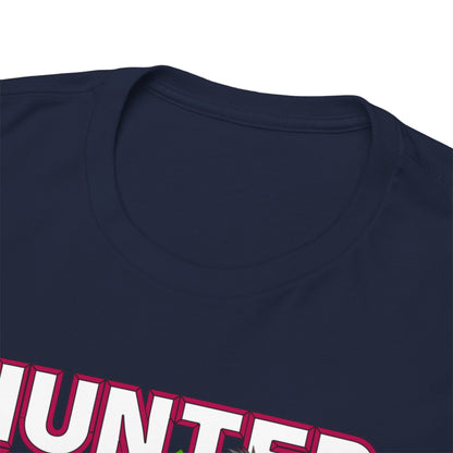 Close-up detail of the neckline of a Hunter x Hunter T-shirt, illustrating the premium fabric quality and luxurious finish of this exclusive apparel.