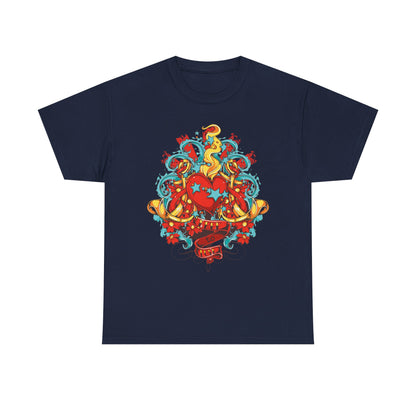 Sophisticated navy men’s t-shirt showcasing a striking heart design with vivid colours and detailed embellishments, ideal for a fashionable casual look.