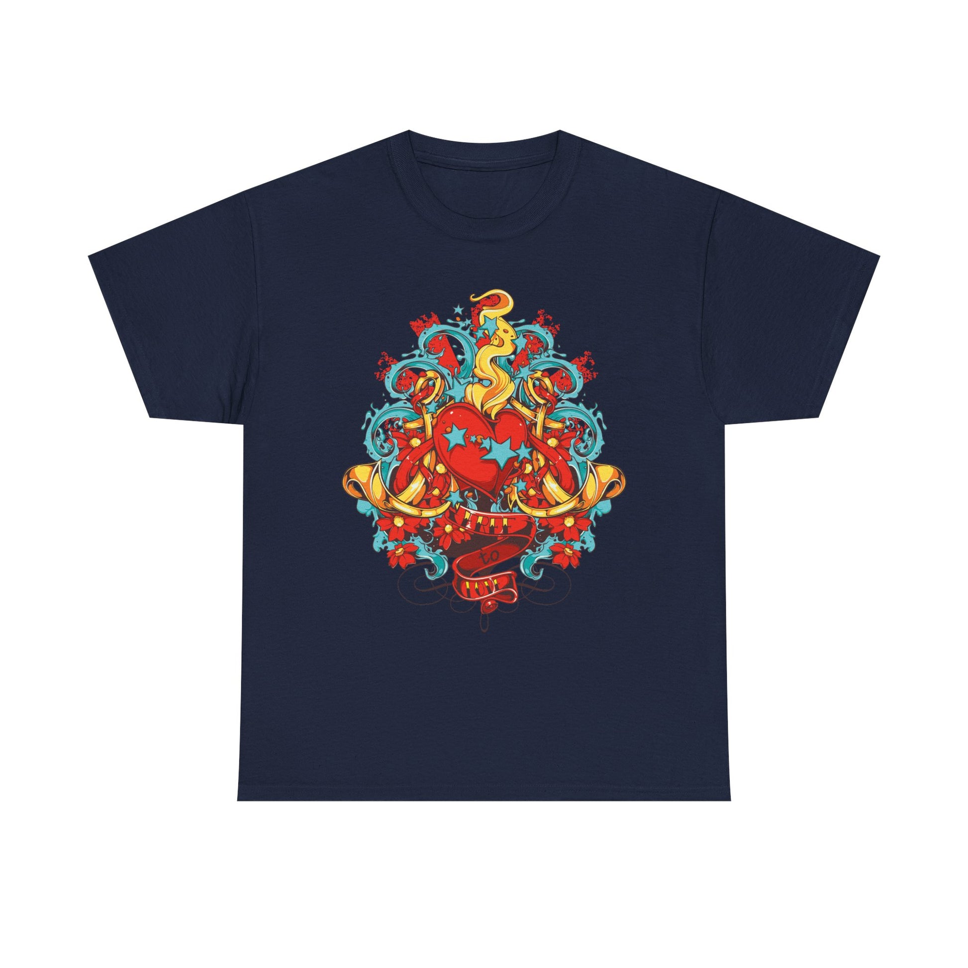 Elegant men’s t-shirt in navy showcasing a whimsical heart design surrounded by colourful graffiti elements, ideal for a stylish wardrobe.