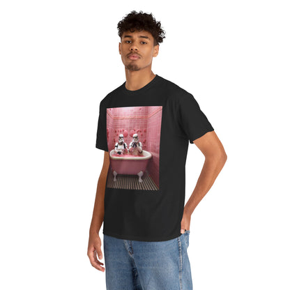 Men's luxury black t-shirt featuring a whimsical design of Stormtroopers relaxing in a pink bathtub filled with bubbles, set against a chic pink tiled bathroom.