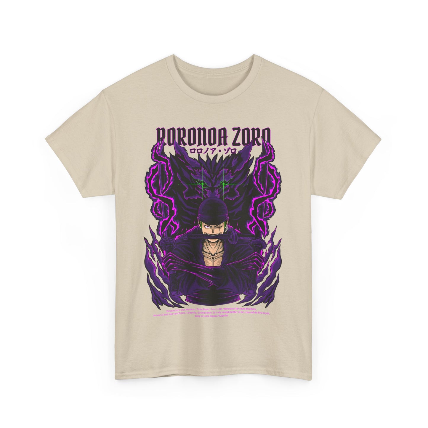 Luxury Roronoa Zoro graphic tee featuring a striking illustration of the iconic anime character, surrounded by dynamic purple energy, embodying power and style.