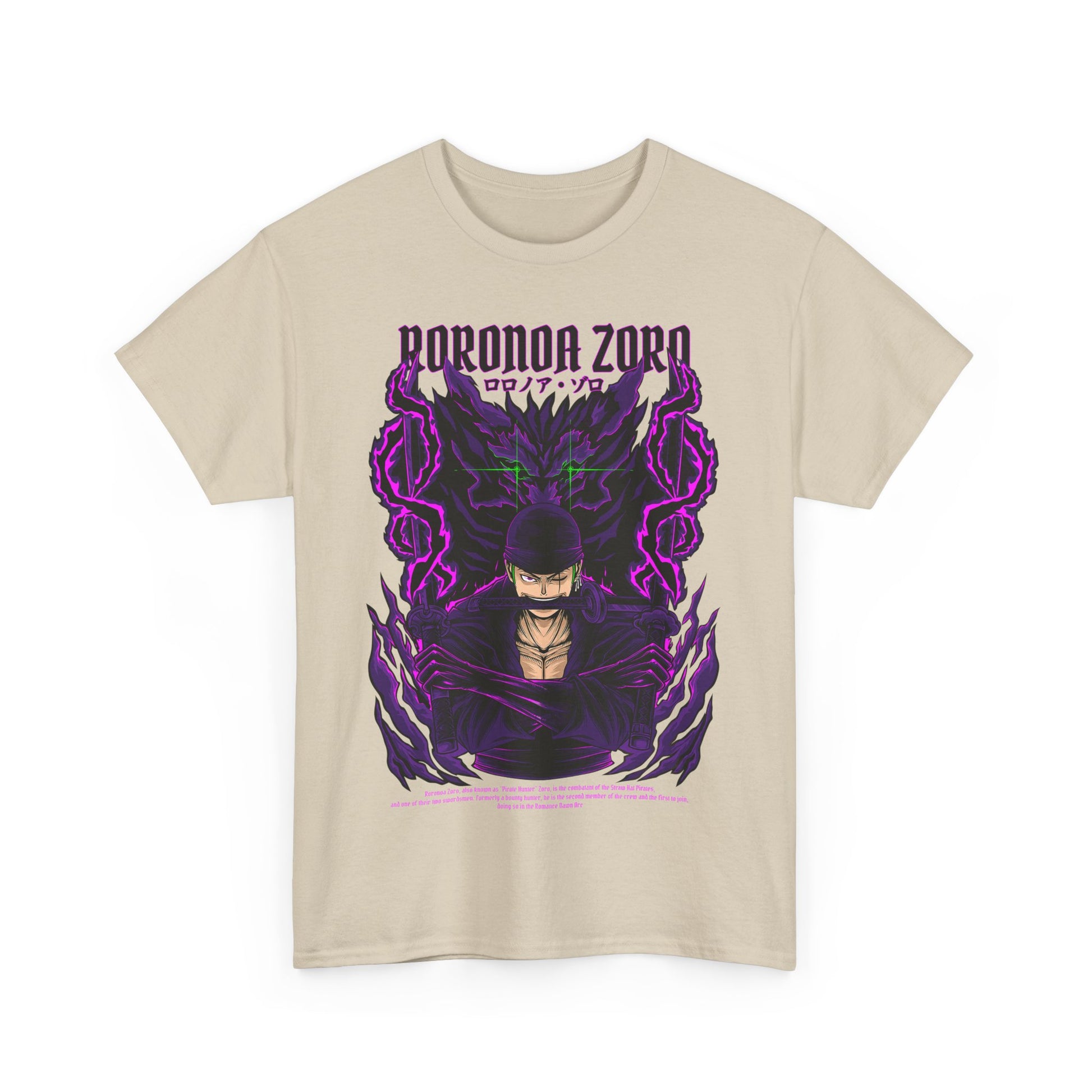 Luxury Roronoa Zoro graphic tee featuring a striking illustration of the iconic anime character, surrounded by dynamic purple energy, embodying power and style.