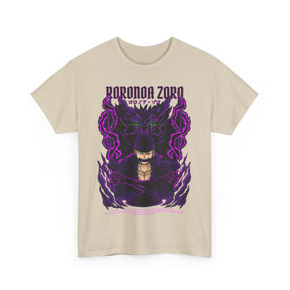 Luxury Roronoa Zoro graphic tee featuring a striking illustration of the iconic anime character, surrounded by dynamic purple energy, embodying power and style.
