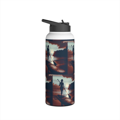 Elegant Fantasy Paddleboarding Stainless Steel Water Bottle featuring stunning graphics of a paddleboarder at sunset, designed for hydration on water adventures.