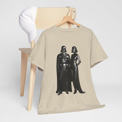Elegant Mr + Mrs Vader Star Wars unisex graphic cotton t-shirt on a wooden hanger, showcasing a striking dark design of Sith figures, ideal for sci-fi fashion enthusiasts.