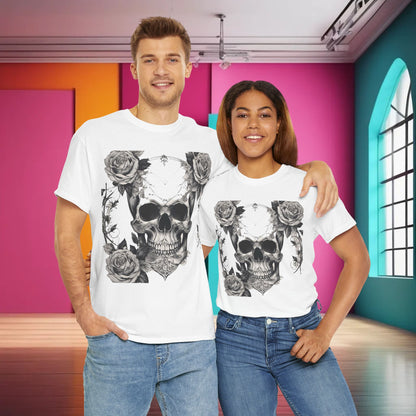 Skulls and Roses Cotton Tee in white, modeled by a couple to emphasise its stylish appeal and unique steampunk design, suitable for any occasion.