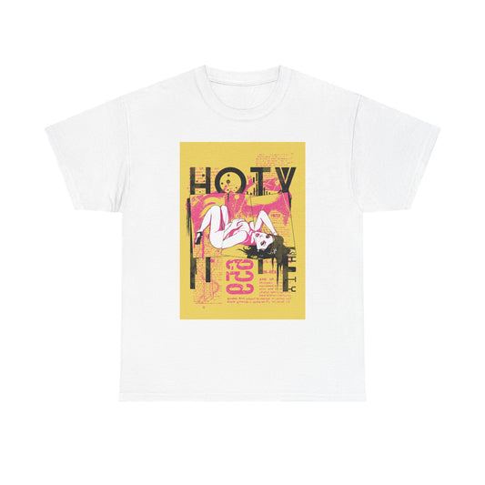 Luxurious men's graphic t-shirt featuring a striking 'HOTY' design against a vibrant yellow background. This artistic tee blends street art and graphic novel aesthetics, showcasing bold typography and stylised imagery. Ideal for making a stylish statement in any casual setting.