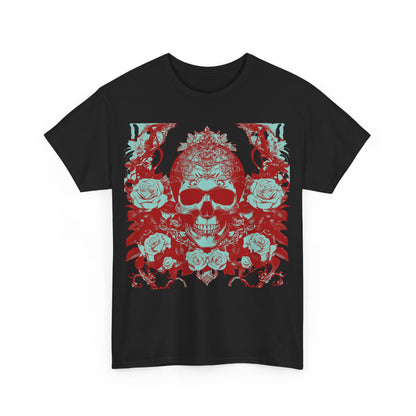 Front view of the Skulls and Roses Cotton Tee in black, highlighting the detailed steampunk skull design amidst roses.
