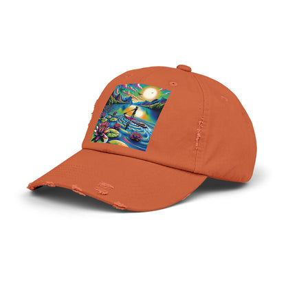 Unisex Distressed Paddleboarders Cap – Stylish Baseball Hat for Water Enthusiasts in a warm orange colour, adorned with lively paddleboarding imagery, ideal for embracing your adventurous lifestyle.