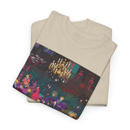 Folded luxurious unisex graphic cotton t-shirts, showcasing a bold Squid Game-inspired graphic with an opulent colour palette, perfect for making a statement.