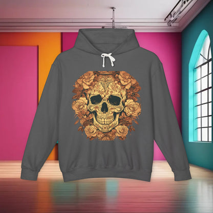 Unisex Lightweight Hooded Sweatshirt featuring a unique designer skull and roses motif, set in a vibrant interior backdrop, showcasing luxury casual fashion.