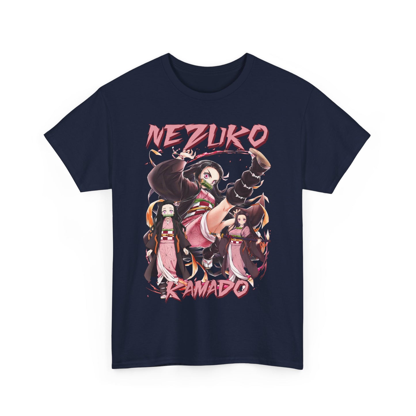 Luxurious folded Nezuko Kamado T-Shirt showcasing detailed anime art, featuring the character Nezuko in dynamic poses, perfect for the anime enthusiast.