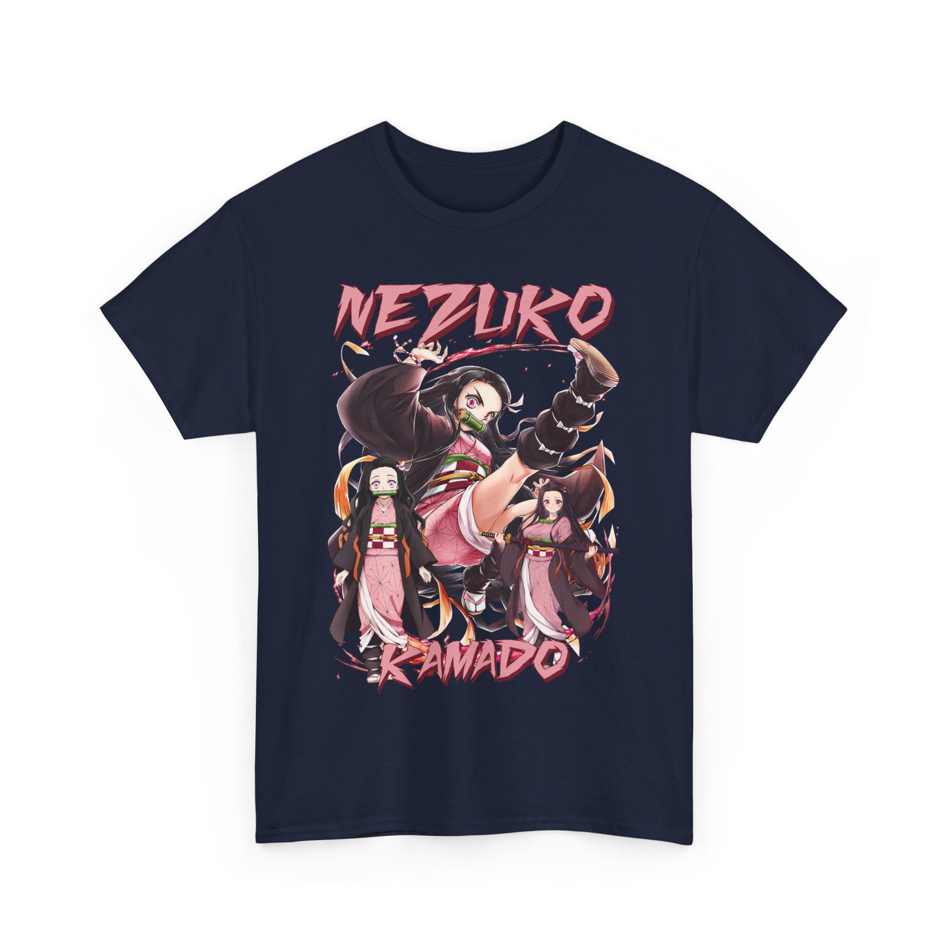 Luxurious folded Nezuko Kamado T-Shirt showcasing detailed anime art, featuring the character Nezuko in dynamic poses, perfect for the anime enthusiast.