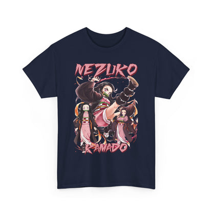 Luxurious folded Nezuko Kamado T-Shirt showcasing detailed anime art, featuring the character Nezuko in dynamic poses, perfect for the anime enthusiast.