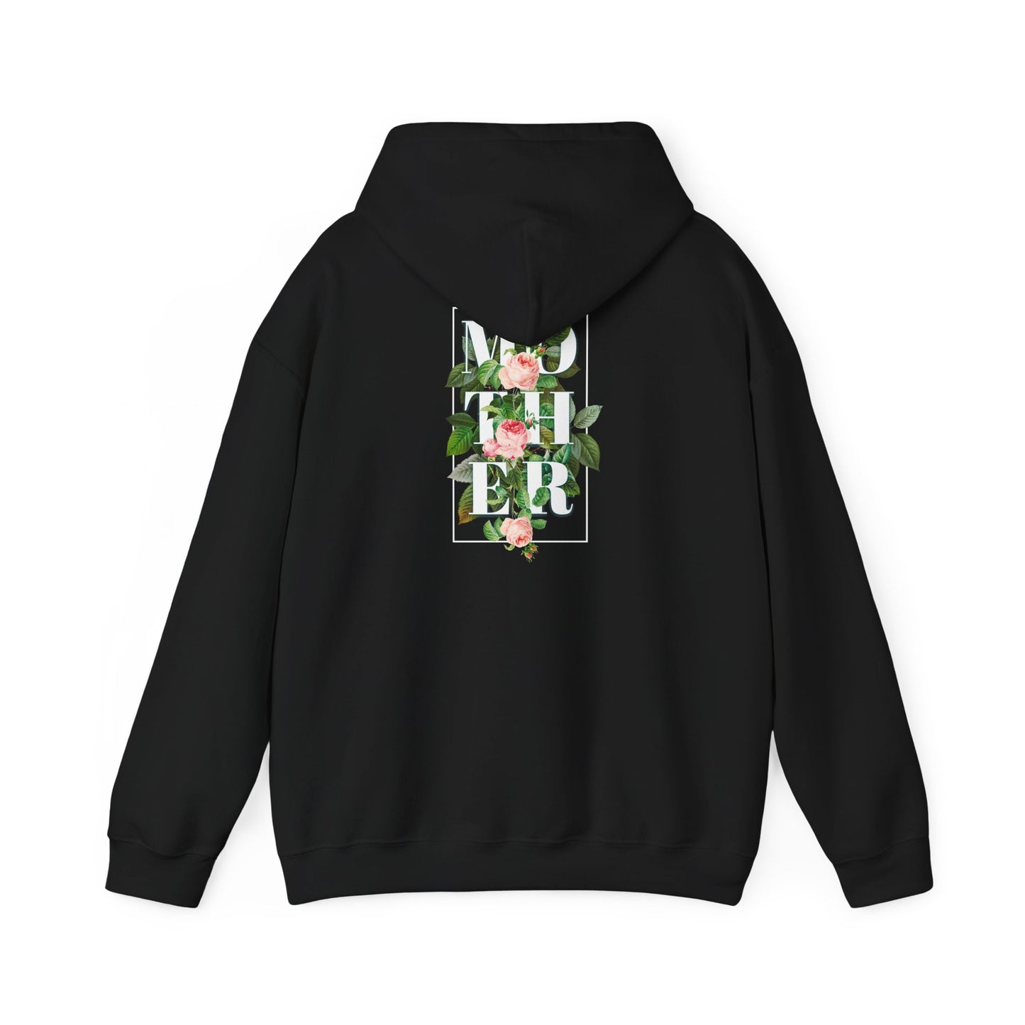 Chic black hoodie with a stunning 'MOTHER' floral design, elegantly framed by leaves and roses, ideal for adding a touch of sophistication to any outfit.