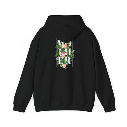 Chic black hoodie with a stunning 'MOTHER' floral design, elegantly framed by leaves and roses, ideal for adding a touch of sophistication to any outfit.