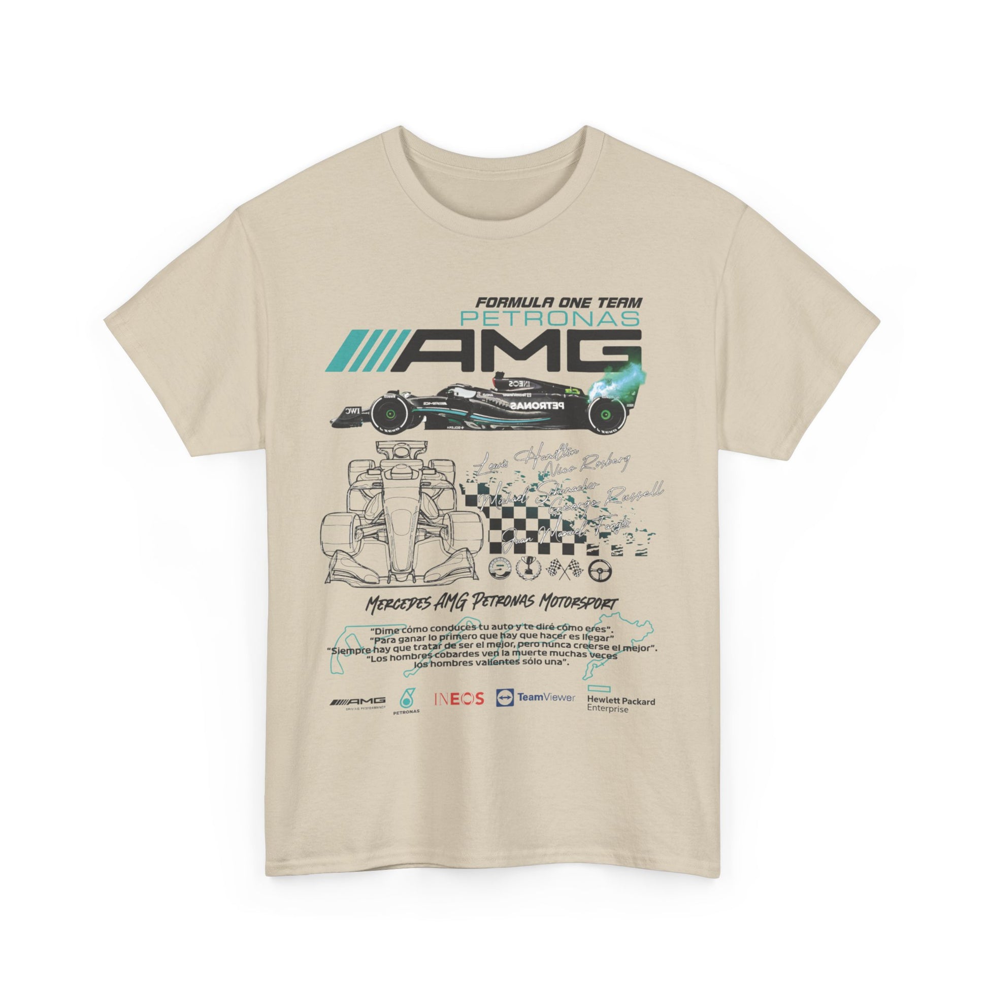 Luxurious cream-hued men's F1 Mercedes AMG Petronas T-shirt, boldly displaying dynamic race car graphics and celebrity driver names, an elegant tribute to motorsport tradition.