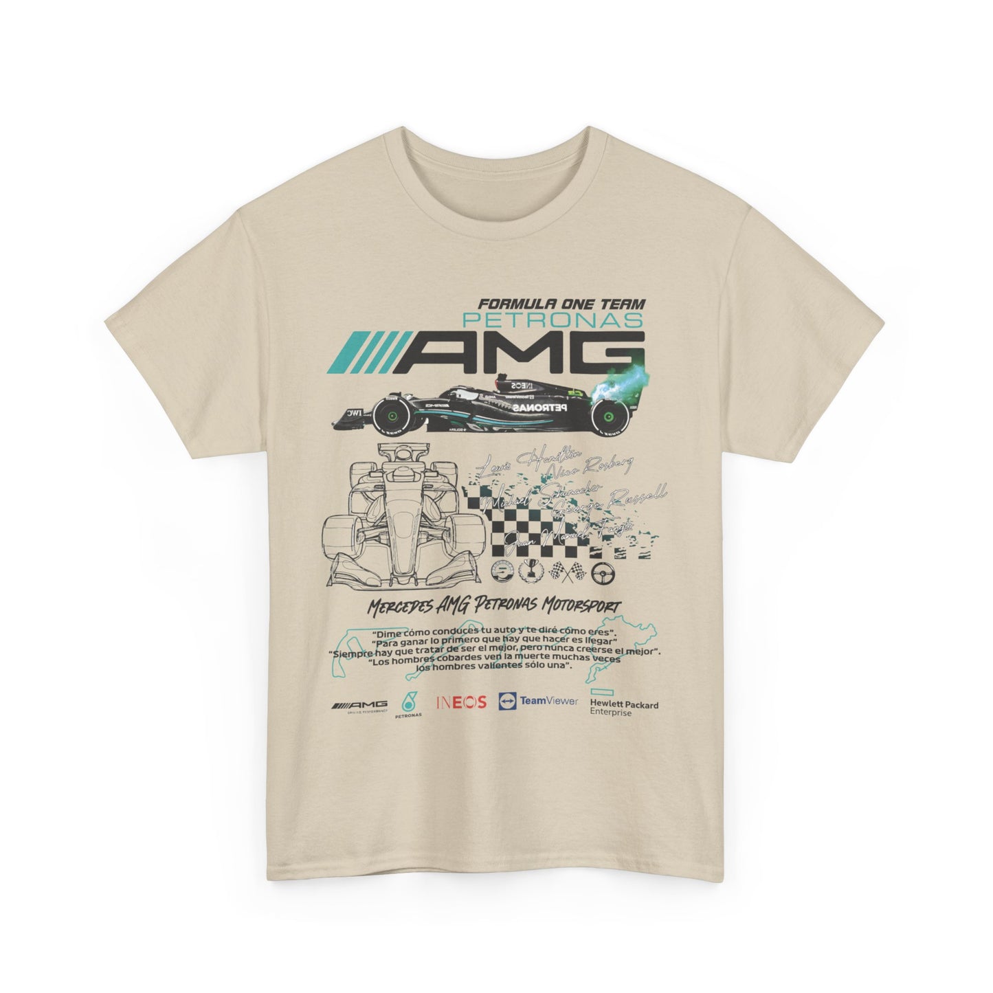 Luxury Men's F1 Mercedes AMG Petronas T-Shirt displayed in beige, featuring vibrant race car graphics, a tribute to Formula One passion.