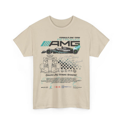 Luxury Men's F1 Mercedes AMG Petronas T-Shirt displayed in beige, featuring vibrant race car graphics, a tribute to Formula One passion.