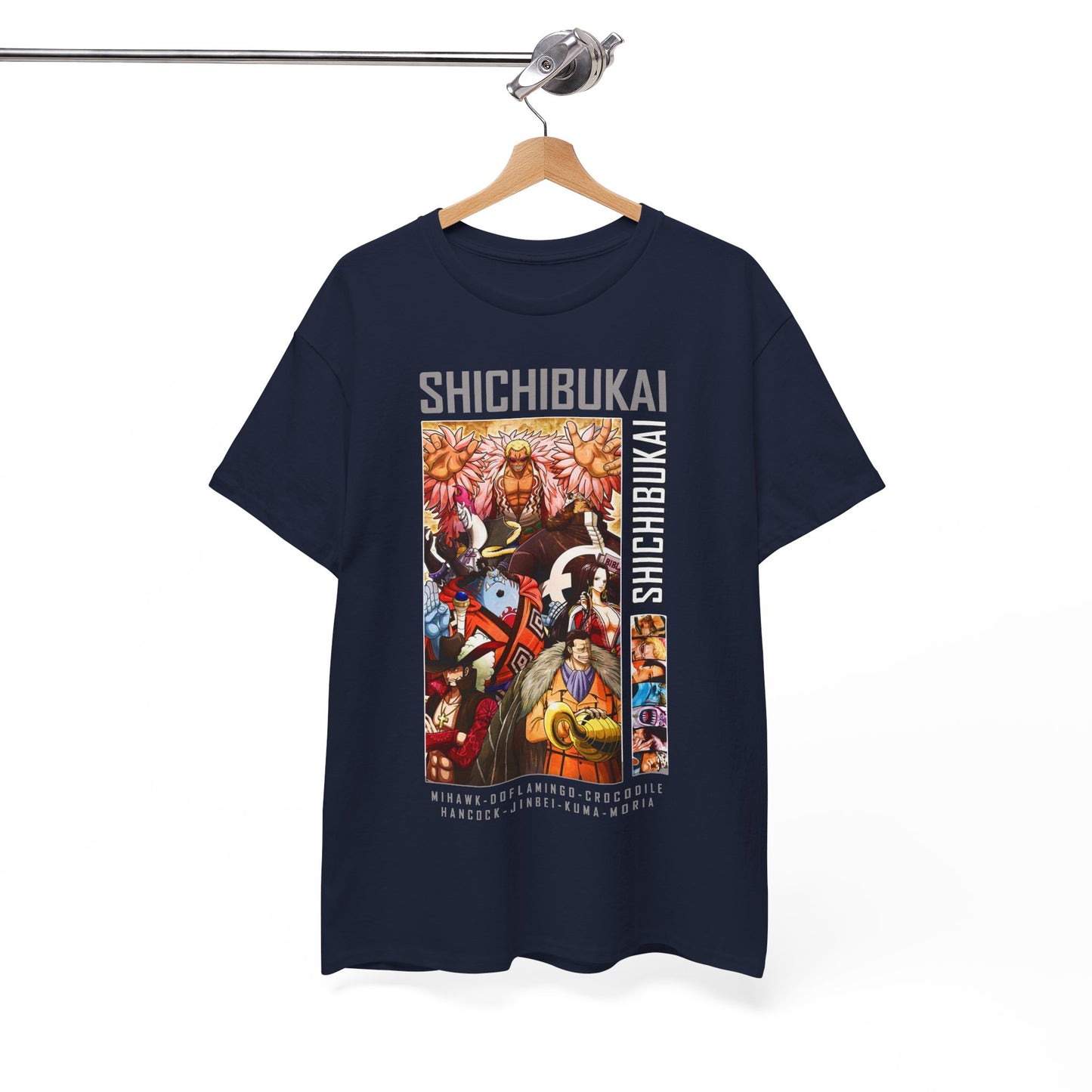 Elegant hanging display of the One Piece Shichibukai T-shirt showcasing iconic graphics and premium fabric.