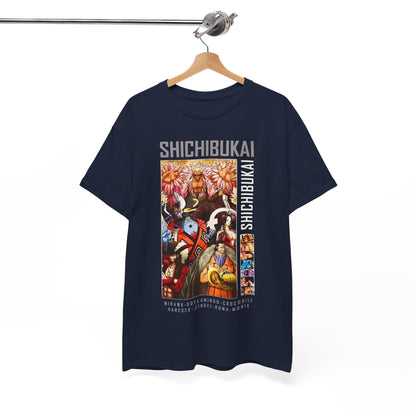 Elegant hanging display of the One Piece Shichibukai T-shirt showcasing iconic graphics and premium fabric.