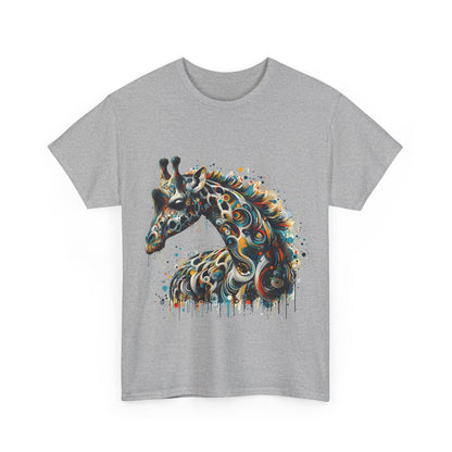 Front view of a grey Fantasy Art Giraffe Graphic T-Shirt featuring a vibrant giraffe design, embodying artistic urban streetwear.