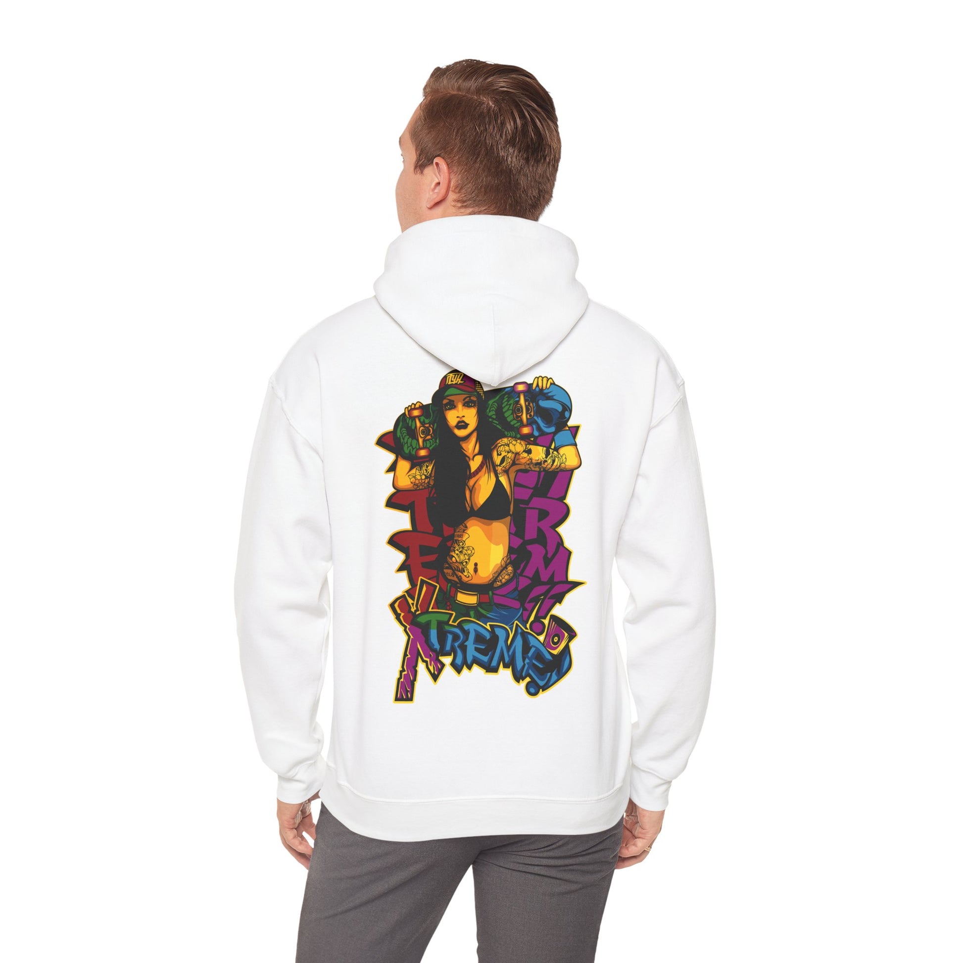 Fashion-forward white hoodie worn by a model, featuring a vivid skateboarder graphic, perfect for making a statement in street style.