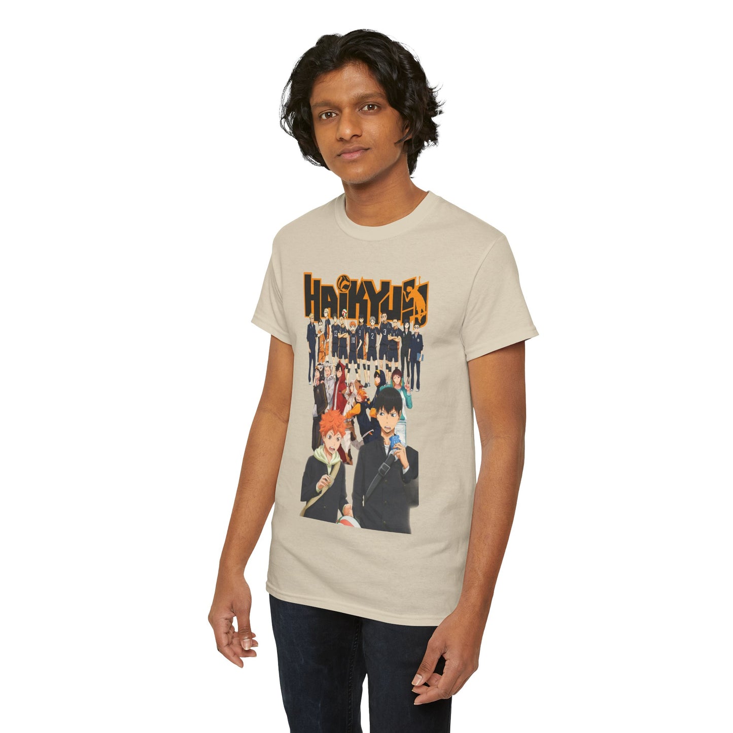 Fashionable male model wearing the Haikyuu!! All-Stars T-Shirt, illustrating dynamic design elements inspired by the beloved volleyball series.