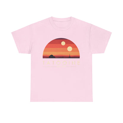Luxury Tatooine Graphic Unisex Tee Shirt in soft pink featuring a stunning sunset design with two suns and silhouette of the desert landscape, highlighting iconic sci-fi elements established in 1977.